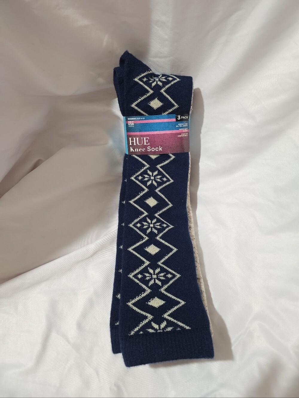 NWT Hue Women's 3 Pack Soft Knee Boot Socks USA Navy Blue Beige